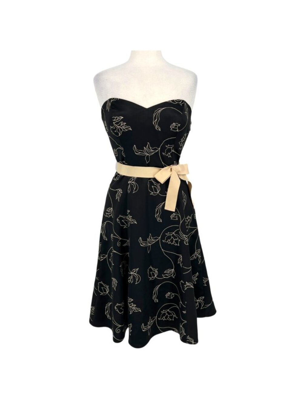 WHBM Retro Rockabilly Floral Strapless Fit and Flare Dress Black Beige Size 6